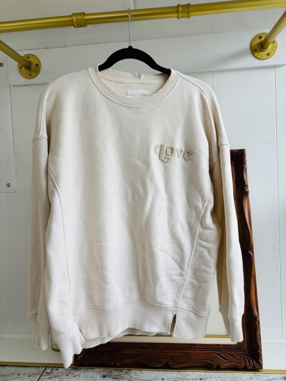 Aerie Cream Crewneck Sweatshirt Oversized Distressed Boxy Sweater Drop Shoulder